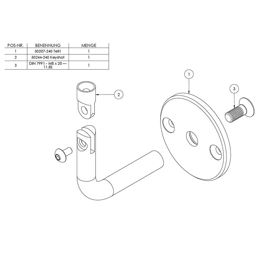 Handlaufhalter flexibel zur Wandbefestigung, mit verschraubter Ronde 70 x 6mm, mit Innengewinde M6 und ø 14mm Bügel