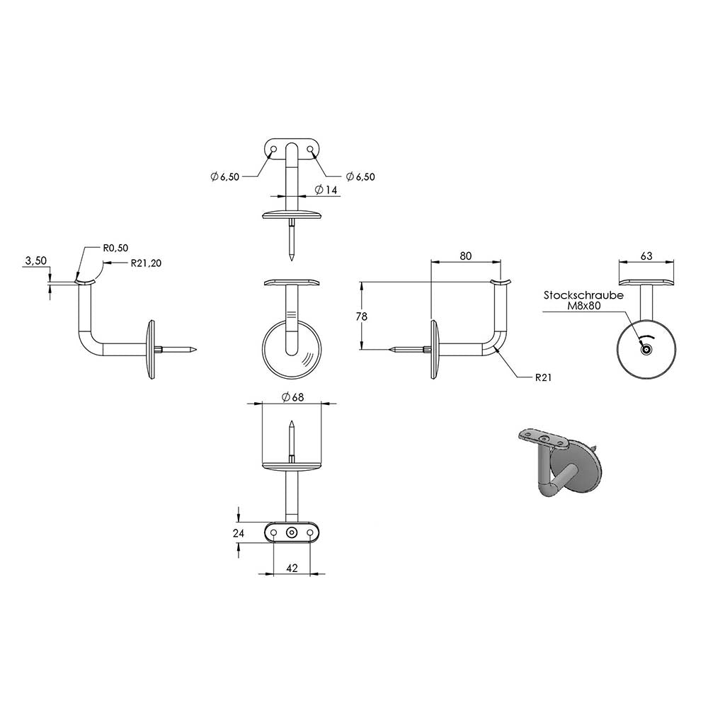 Handlaufhalter zur Wandbefestigung mit Ronde 68 x 5mm, für Rohr ø 42,4mm, inkl. M8 x 80mm Stockschraube, Wandabstand 80mm