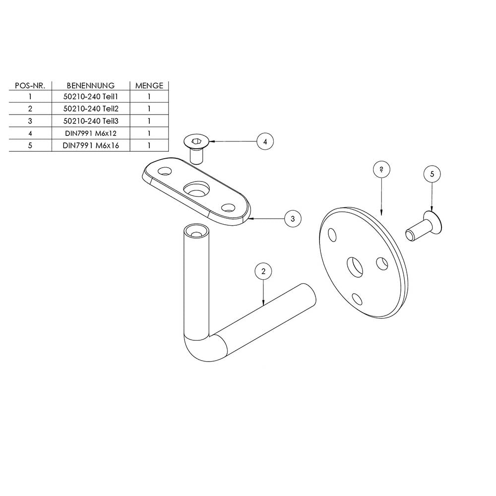 Handlaufhalter zur Wandbefestigung mit verschrauber Ronde 58 x 4mm, für Rohr ø 42,4mm