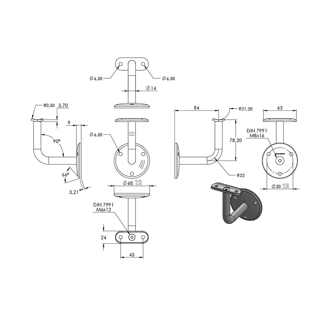 Handlaufhalter zur Wandbefestigung mit verschrauber Ronde 68 x 5mm, für Rohr ø 42,4mm