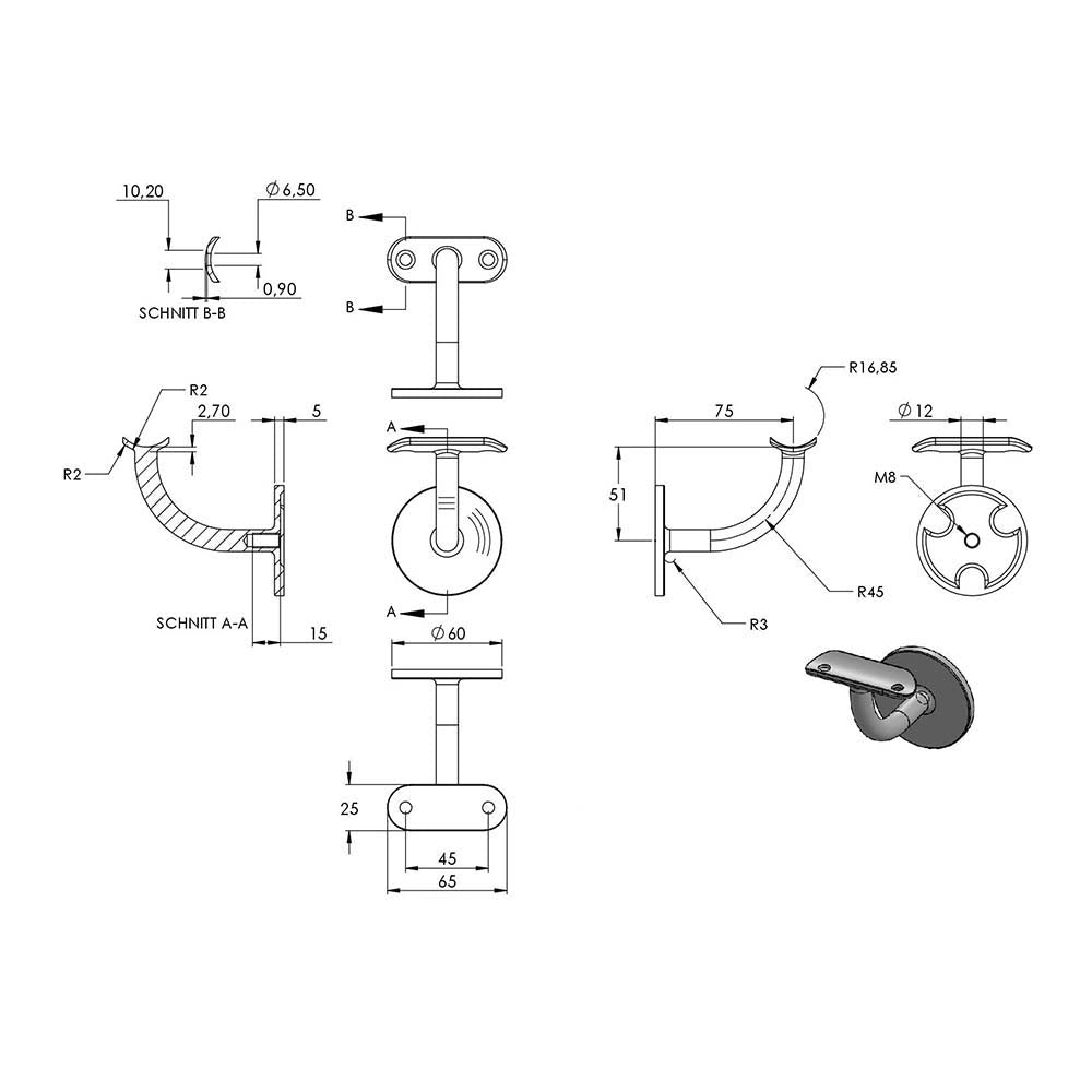 Handlaufhalter zur Wandbefestigung, mit verschweißter Ronde 60 x 5mm mit M8 Innengewinde, für Rohr ø 33,7mm