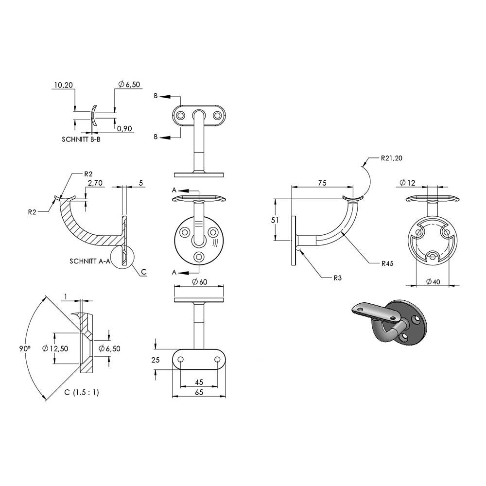 Handlaufhalter zur Wandbefestigung mit verschweißter Ronde 60 x 5mm, für Rohr ø 42,4mm