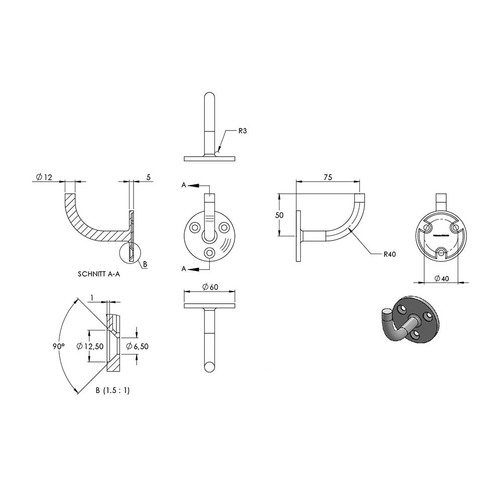 Handlaufhalter zur Wandbefestigung mit verschweißter Ronde flach 60 x 5mm, zum Anschweißen