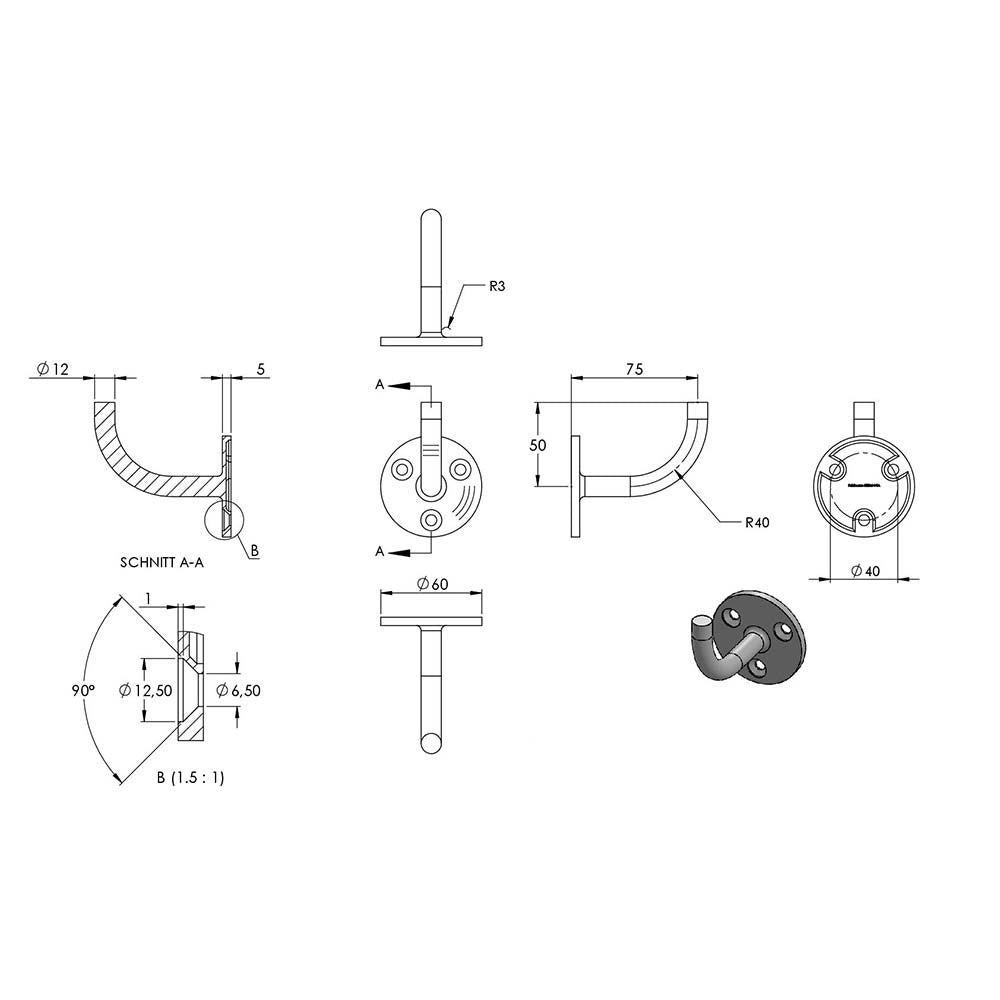 Handlaufhalter zur Wandbefestigung mit verschweißter Ronde flach 60 x 5mm, zum Anschweißen in V4A