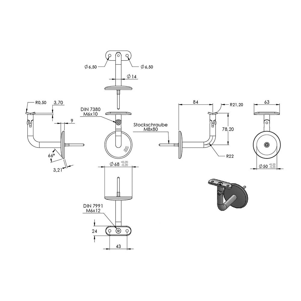 Handlaufhalter flexibel zur Wandbefestigung mit Ronde 68 x 5mm, für Rohr ø 42,4mm, inkl. M8 x 80mm Stockschraube, Wandabstand 80mm