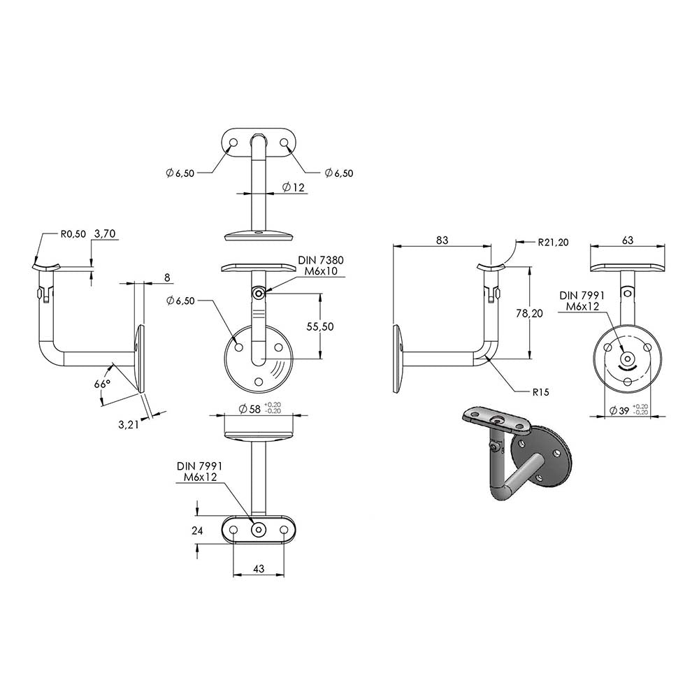Handlaufhalter flexibel zur Wandbefestigung mit verschrauber Ronde 58 x 5mm, für Rohr ø 42,4mm