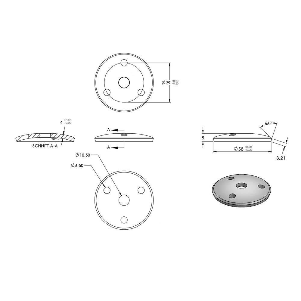 Handlaufhalter flexibel zur Wandbefestigung mit verschrauber Ronde 58 x 5mm, für Rohr ø 42,4mm