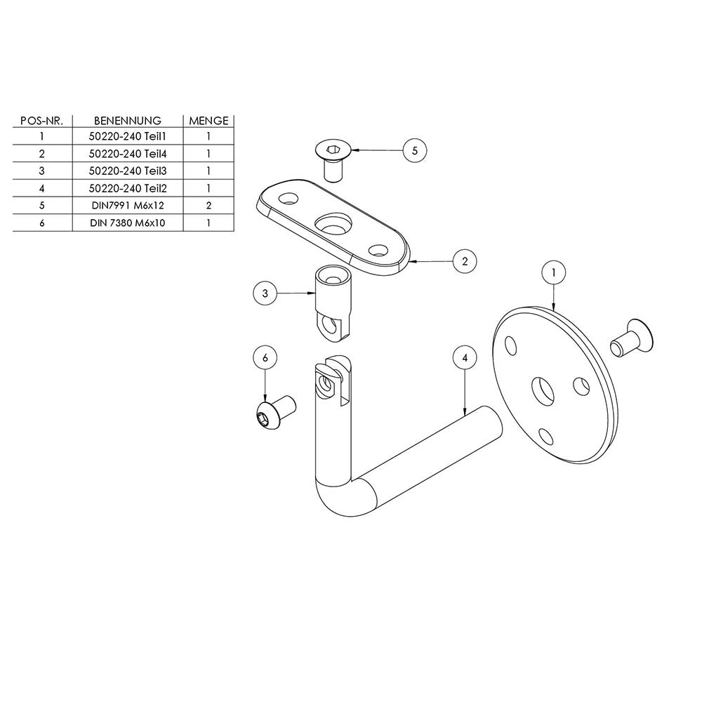 Handlaufhalter flexibel zur Wandbefestigung mit verschrauber Ronde 58 x 5mm, für Rohr ø 42,4mm