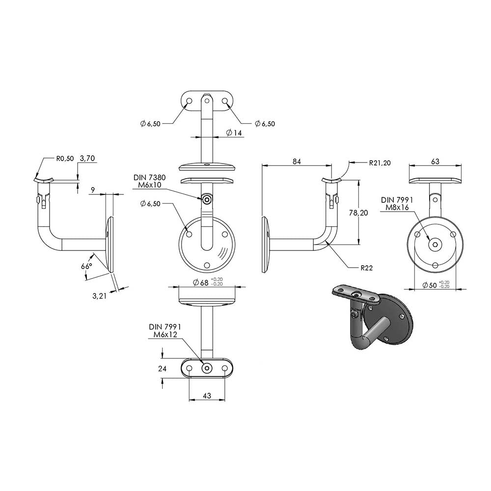 Handlaufhalter flexibel zur Wandbefestigung mit verschrauber Ronde 68 x 5mm, für Rohr ø 42,4mm