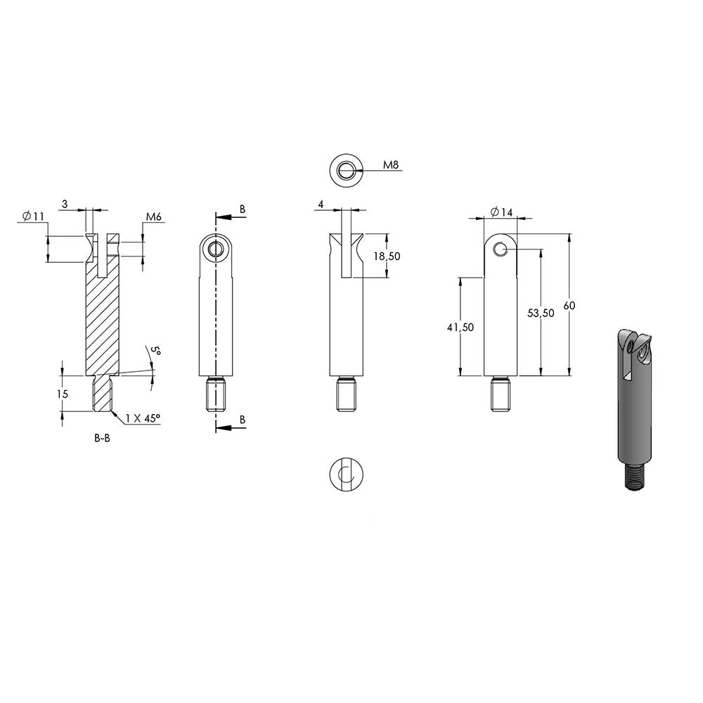 ø 14mm Stift mit Gelenk, mit M8 x 15mm Außengewinde unten und M6 x 15mm Innengewinde oben, Länge 76mm