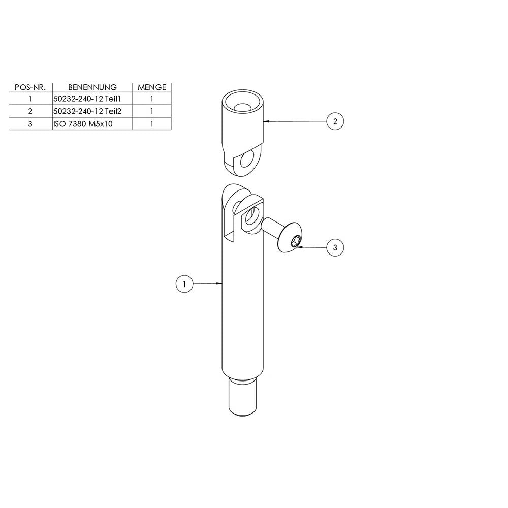 ø 12mm Stift mit Gelenk, mit M8 x 15mm Außengewinde unten und M6 x 15mm Innengewinde oben, Länge 76mm