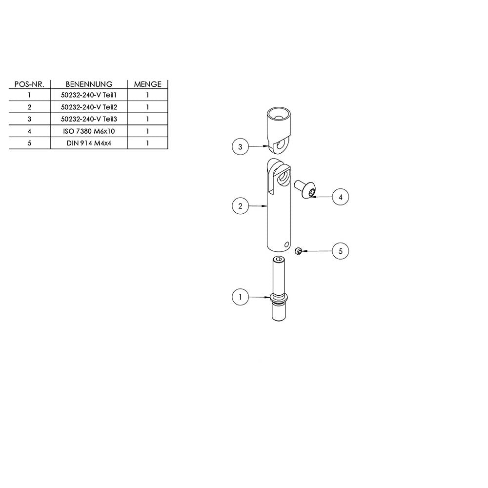 ø 14mm Stift 360° drehbar und 140° verstellbar, mit M8 x 15mm Außengewinde unten und M6 x 15mm Innengewinde oben, Länge 76mm