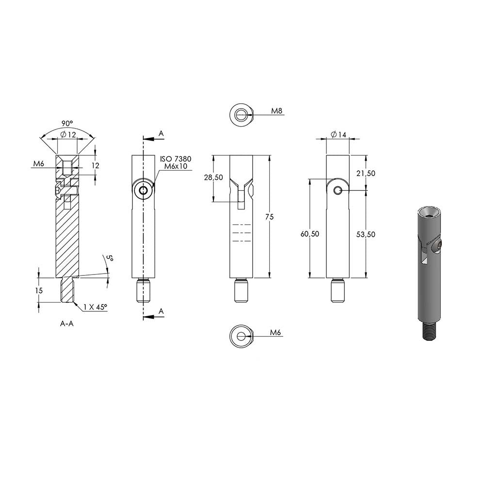 ø 14mm Stift mit Gelenk, mit M8 x 15mm Außengewinde unten und M6 x 15mm Innengewinde oben, Länge 76mm, in V4A