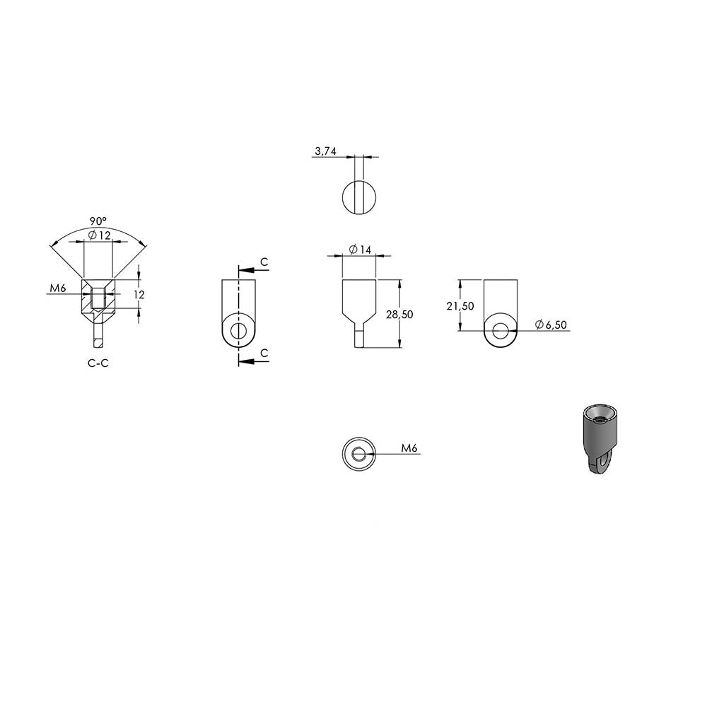 ø 14mm Stift mit Gelenk, mit M8 x 15mm Außengewinde unten und M6 x 15mm Innengewinde oben, Länge 76mm, in V4A