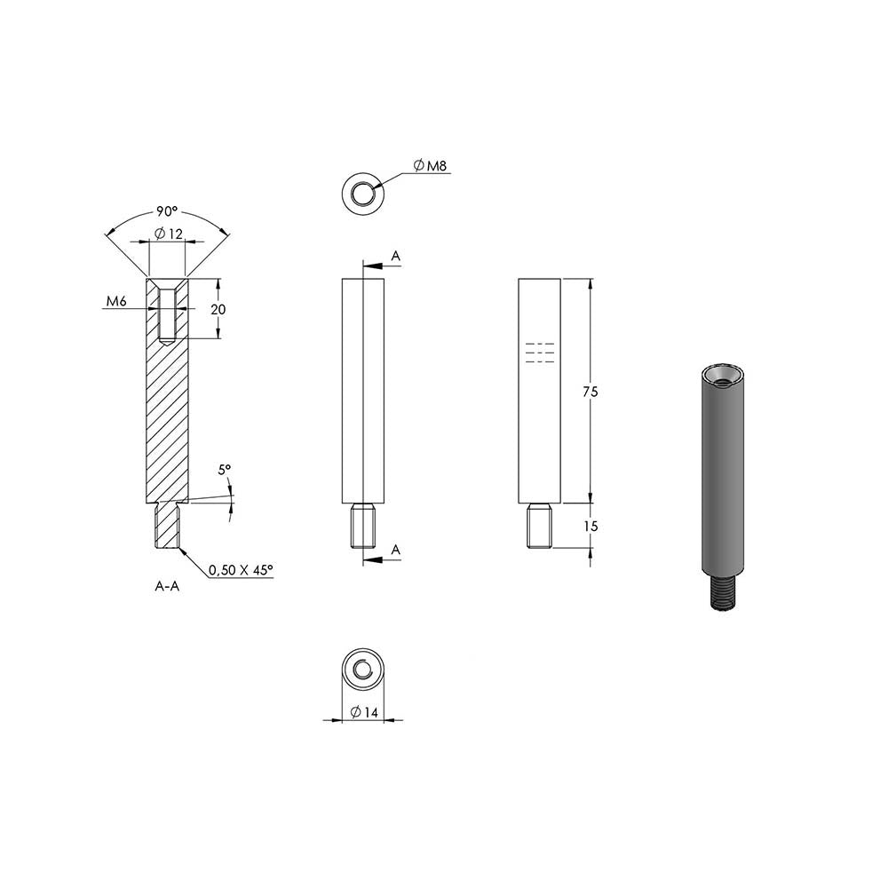 ø 14mm Stift, mit M8 x 15mm Außengewinde unten und M6 x 15mm Innengewinde oben, Länge 75mm