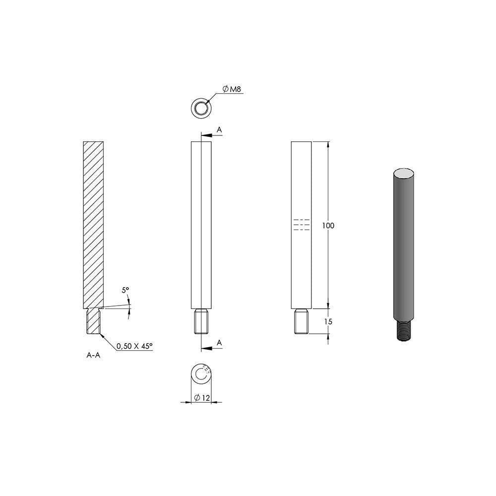 ø 12mm Stift, mit M8 x 15mm Außengewinde unten, zum Anschweißen oben, Länge 100mm