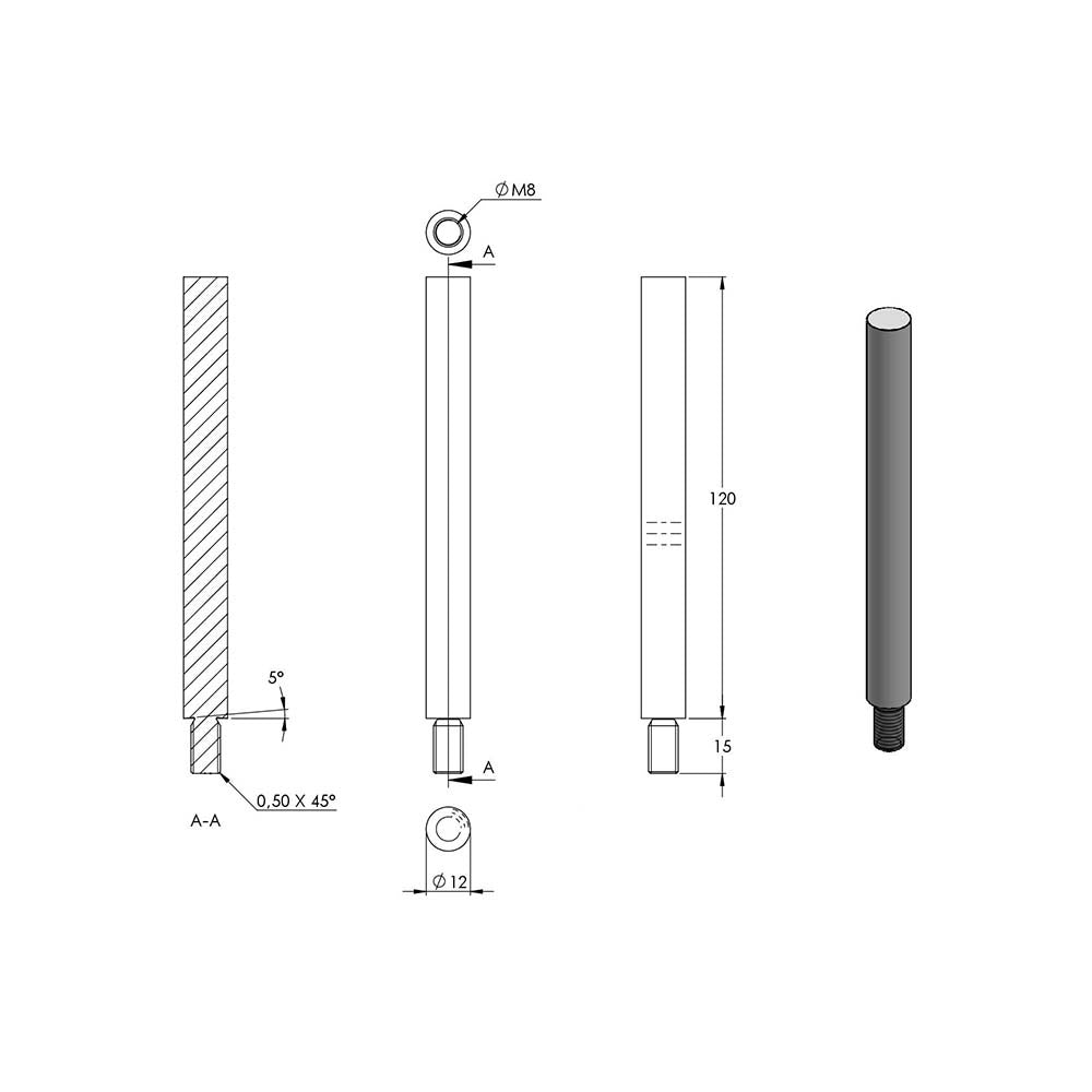 ø 12mm Stift, mit M8 x 15mm Außengewinde unten, zum Anschweißen oben, Länge 120mm