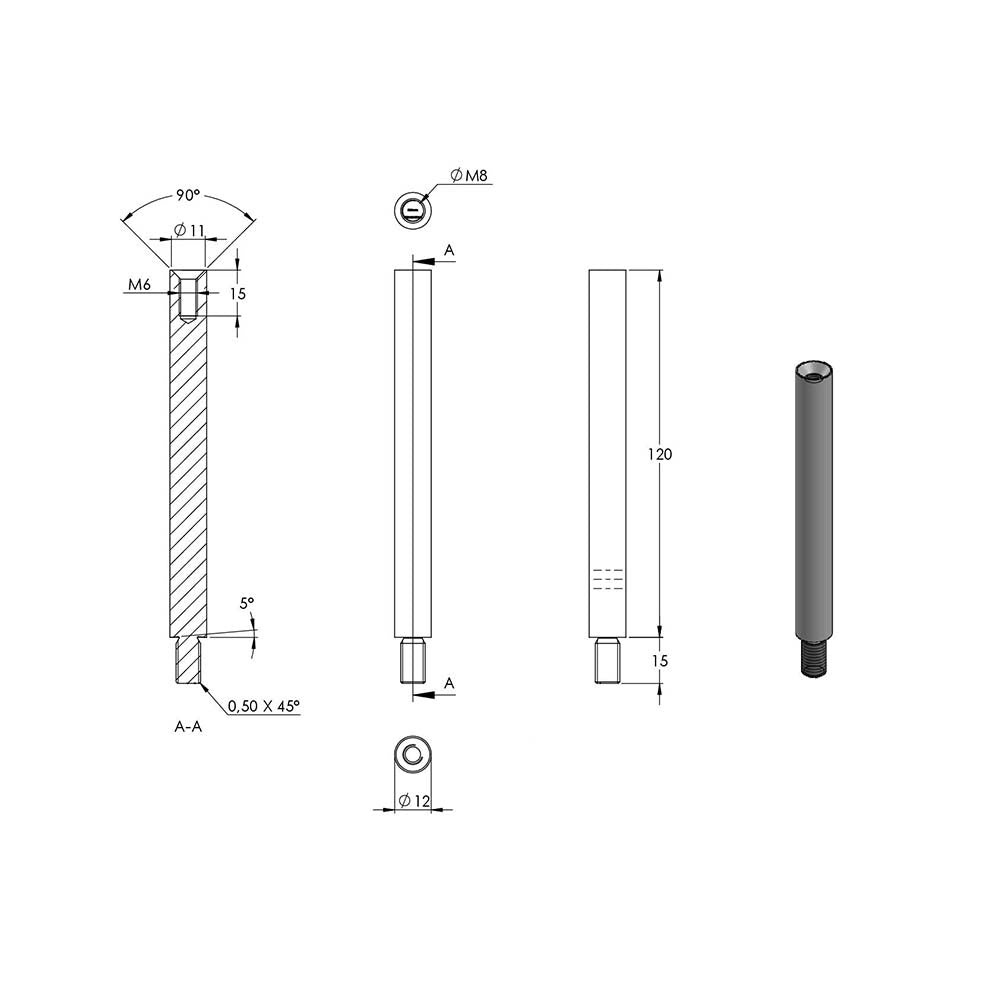 ø 12mm Stift, mit M8 x 15mm Außengewinde unten und M6 x 15mm Innengewinde oben, Länge 120mm