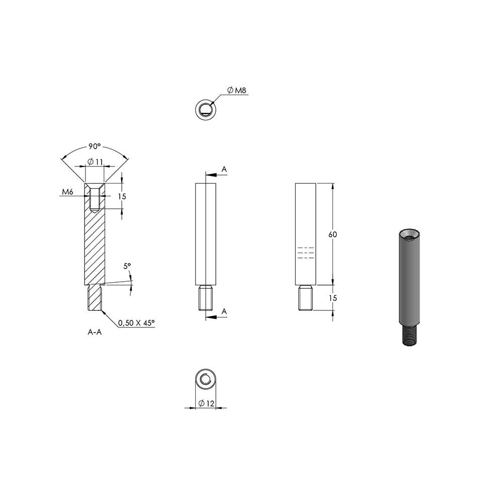 ø 12mm Stift, mit M8 x 15mm Außengewinde unten und M6 x 15mm Innengewinde oben, Länge 60mm
