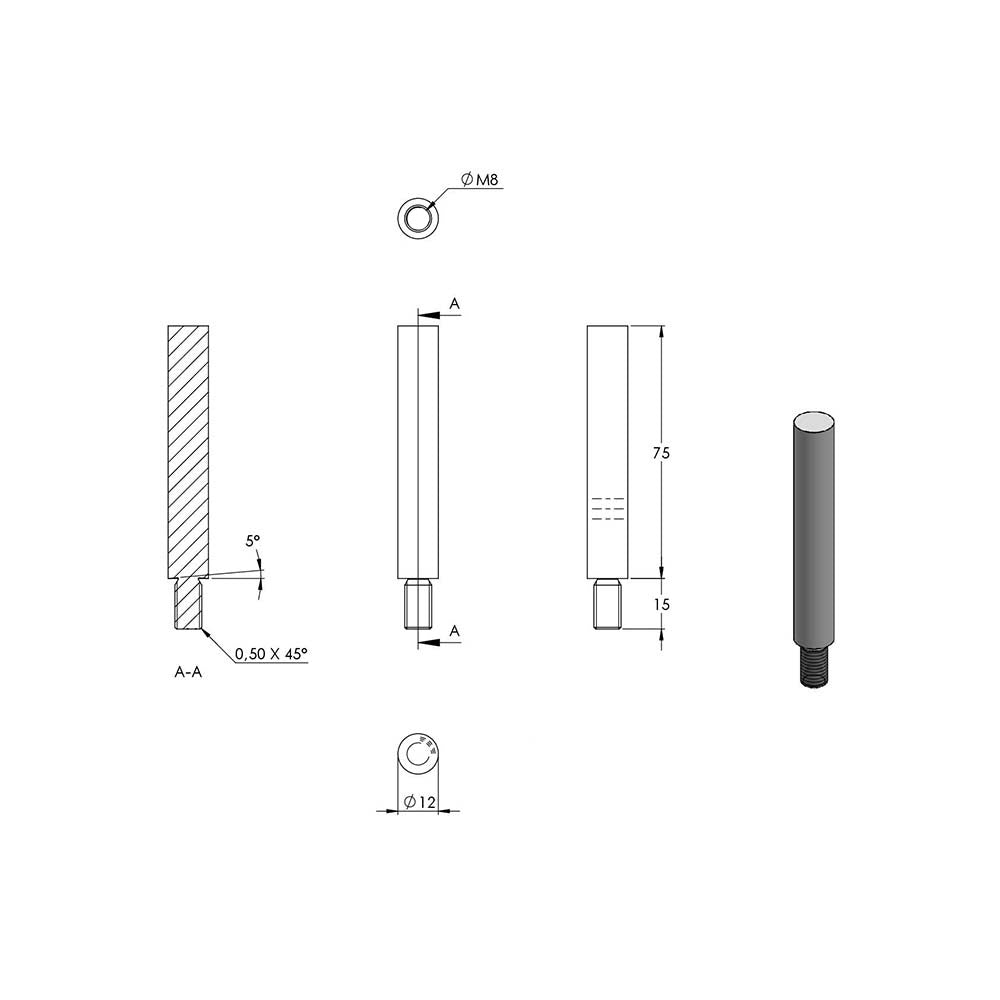ø 12mm Stift, mit M8 x 15mm Außengewinde unten, zum Anschweißen oben, Länge 75mm