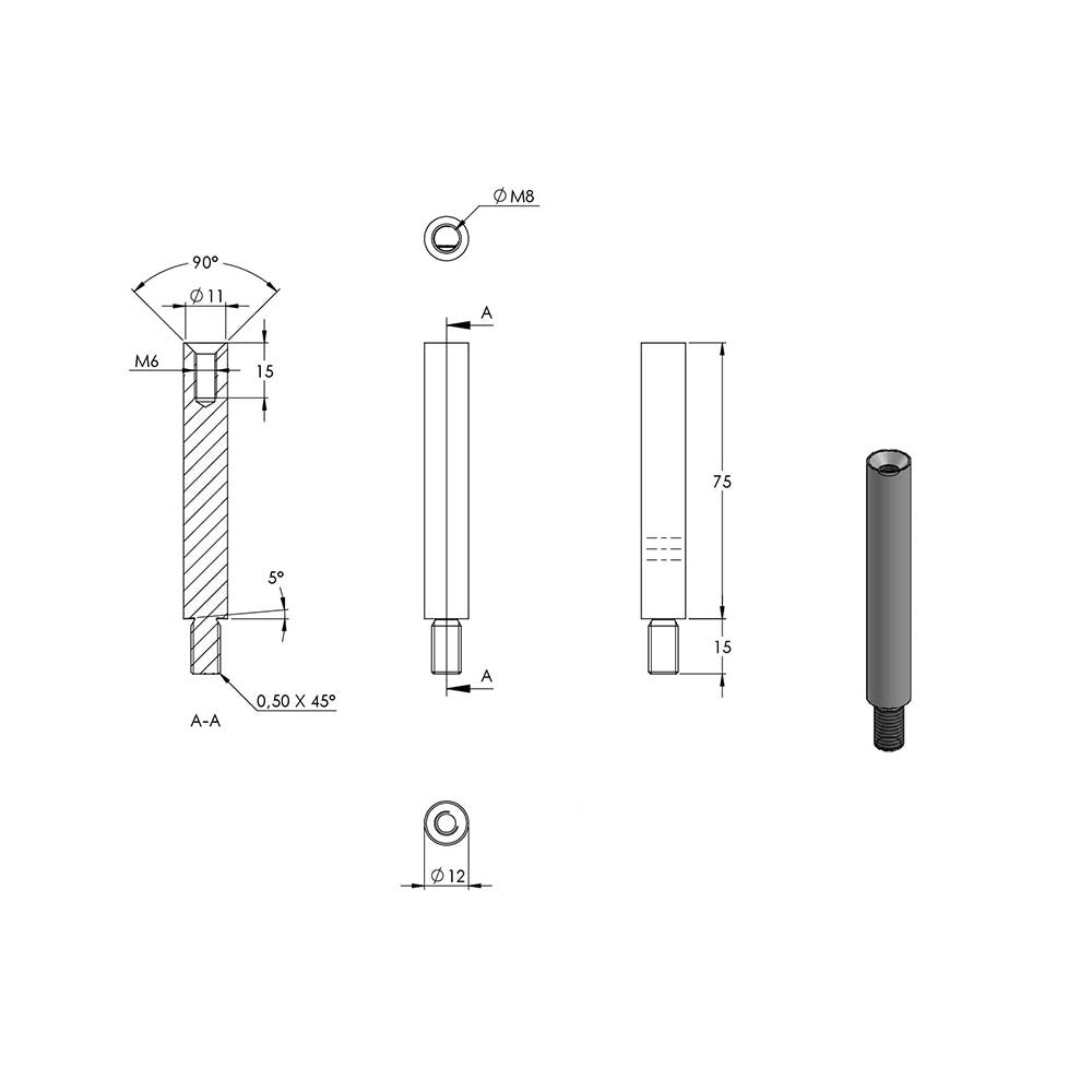 ø 12mm Stift, mit M8 x 15mm Außengewinde unten und M6 x 15mm Innengewinde oben, Länge 75mm