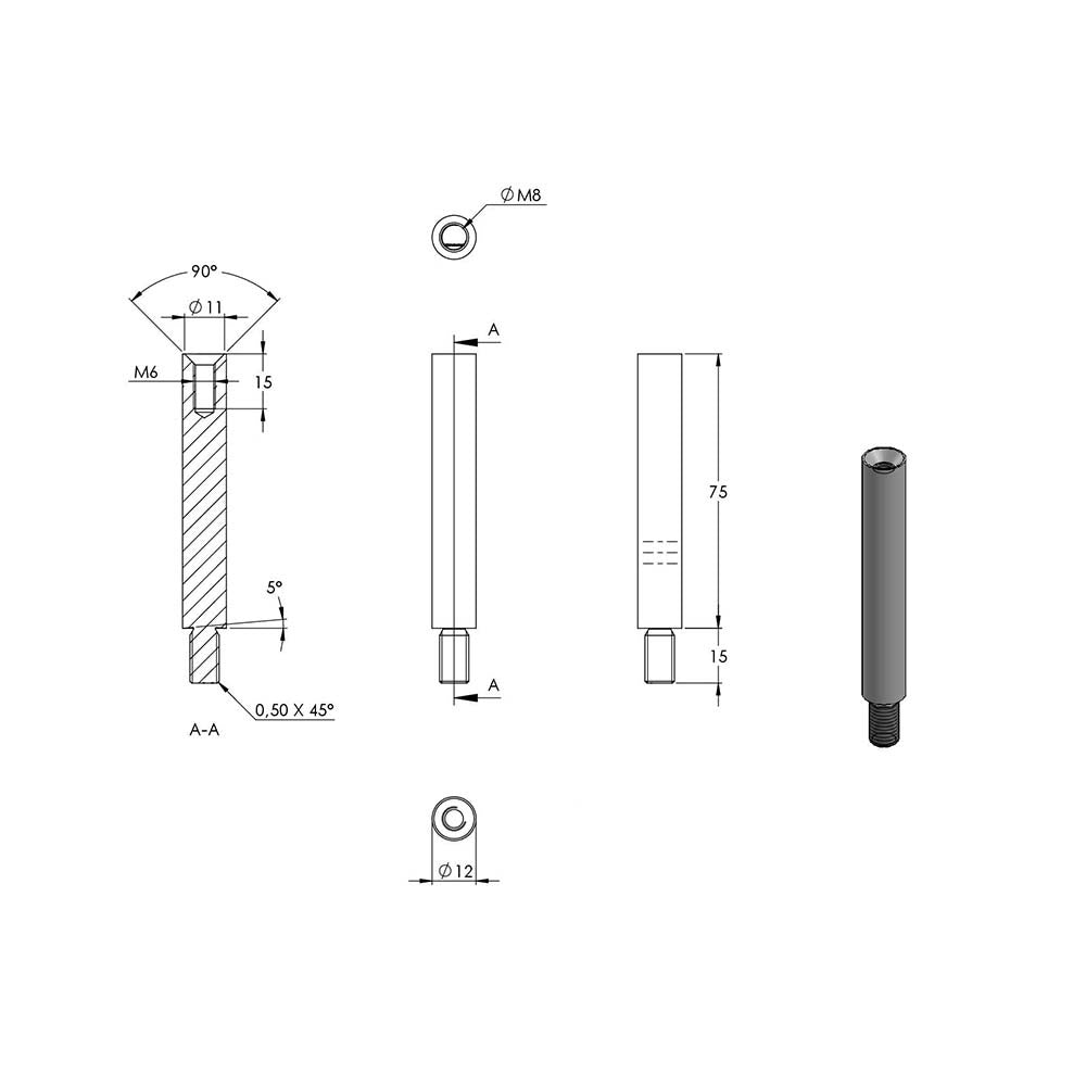 ø 12mm Stift, mit M8 x 15mm Außengewinde unten und M6 x 15mm Innengewinde oben, Länge 75mm, in V4A