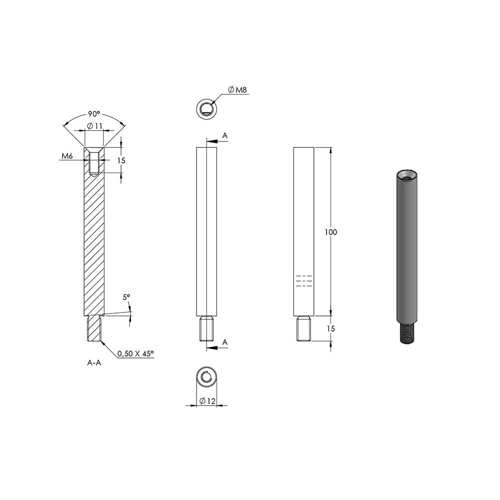 ø 12mm Stift, mit M8 x 15mm Außengewinde unten und M6 x 15mm Innengewinde oben, Länge 100mm, aus V4A
