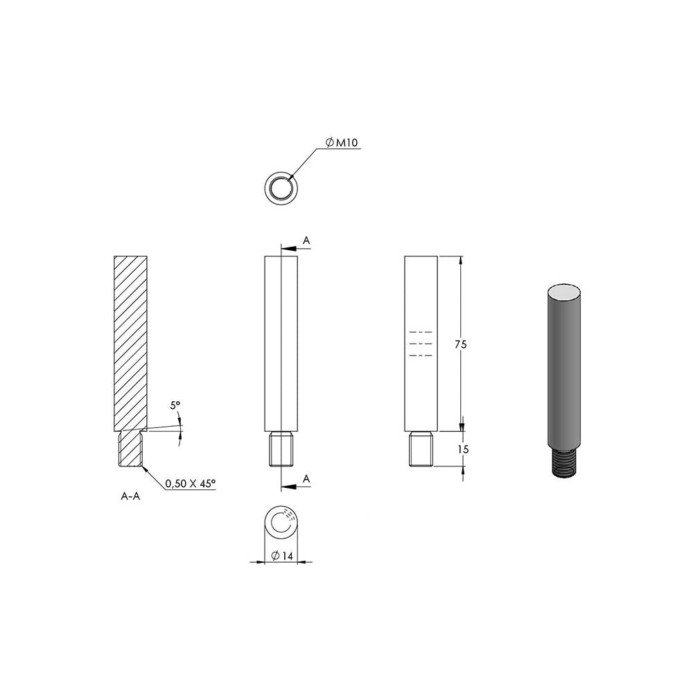 ø 14mm Stift, mit M10 x 15mm Außengewinde unten, zum Anschweißen oben, Länge 75mm