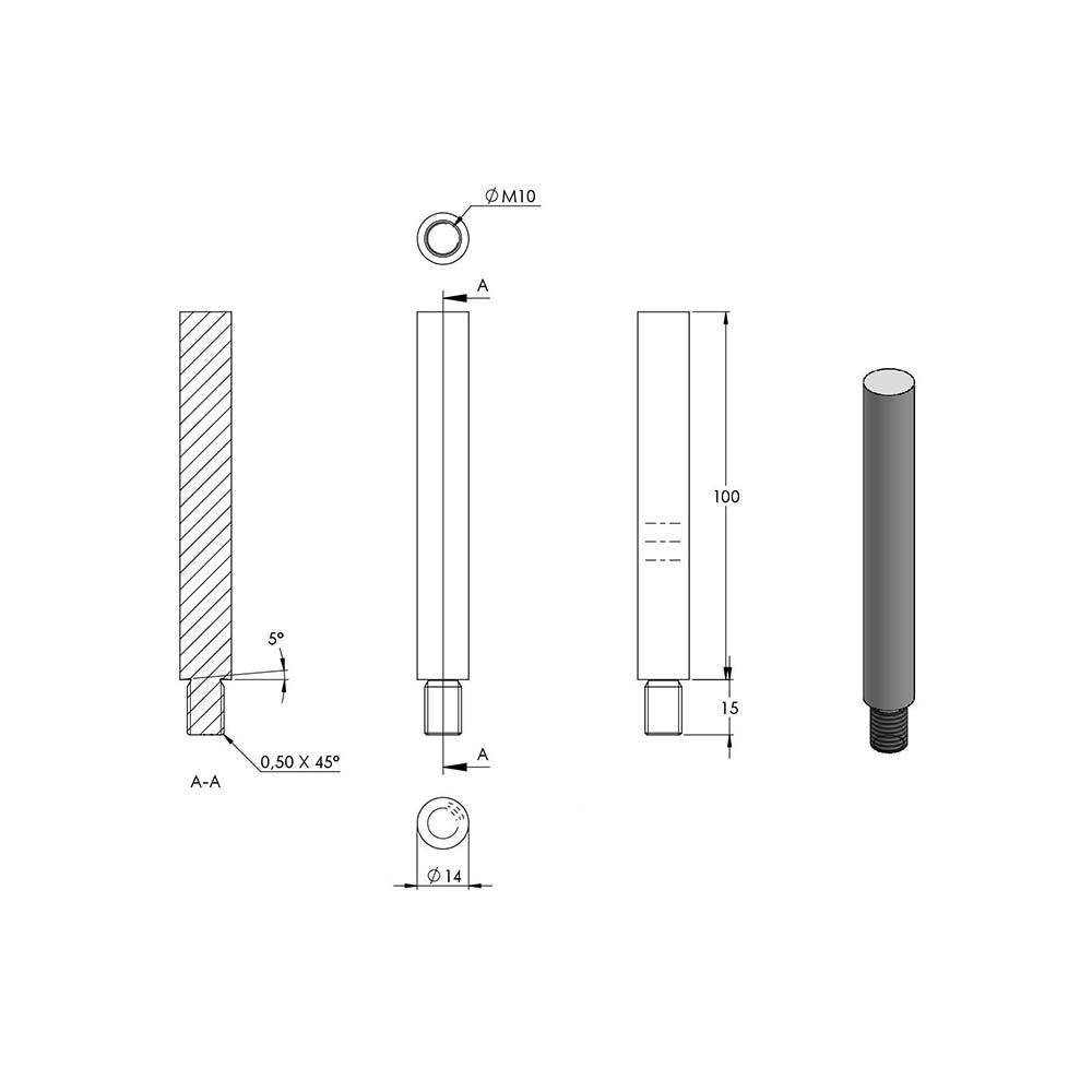 ø 14mm Stift, mit M10 x 15mm Außengewinde unten, zum Anschweißen oben, Länge 100mm