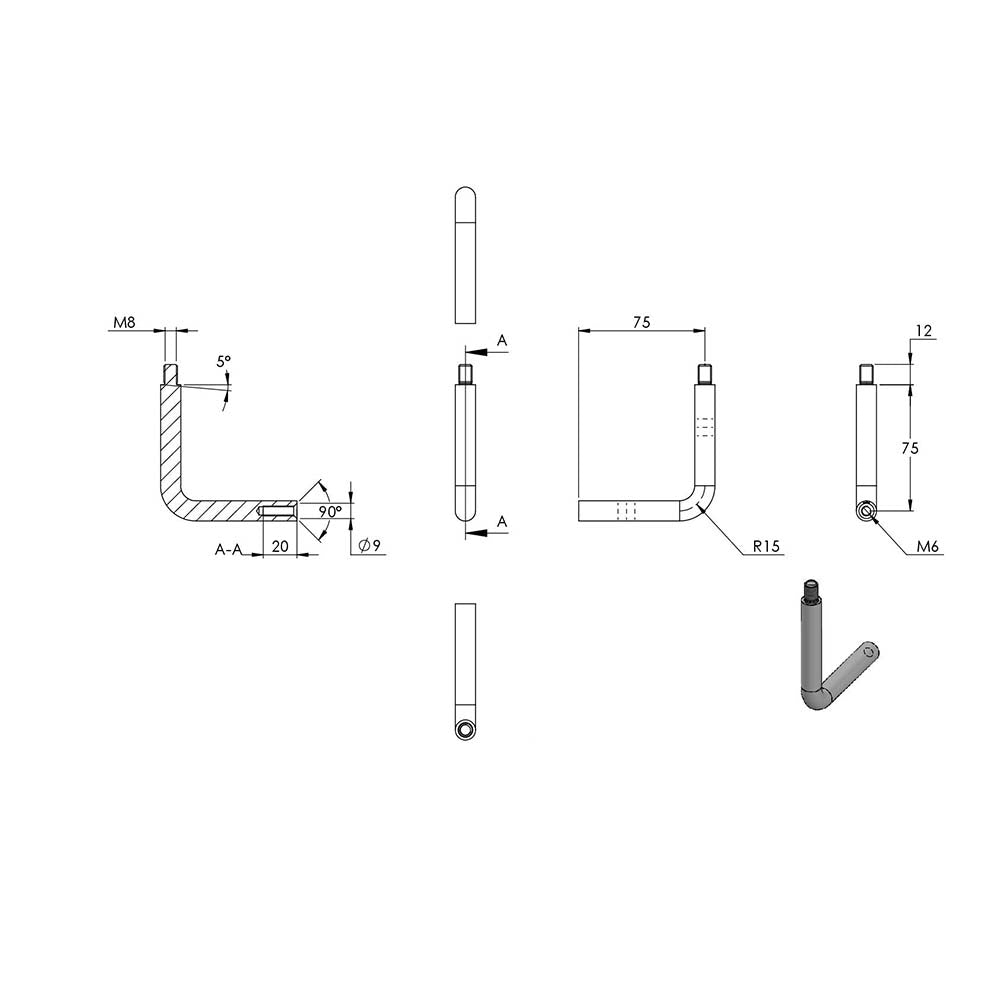 ø 12mm Bügel, mit M6 x 15mm Innengewinde unten und M8 x 12mm Außengewinde oben