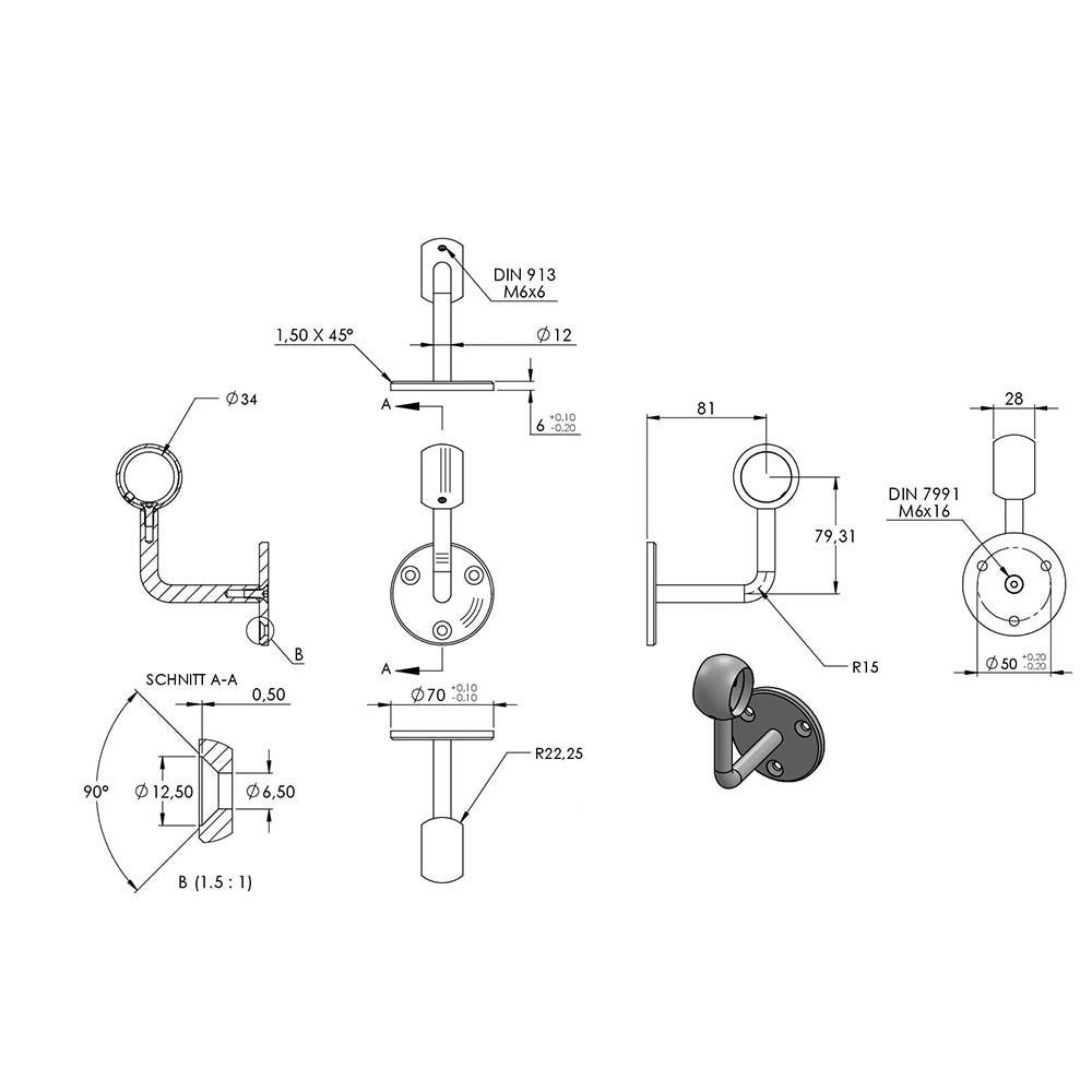 Handlaufhalter zur Wandbefestigung mit verschraubter Ronde 70 x 6mm, mit Kugelring für Rohr ø 33,7mm