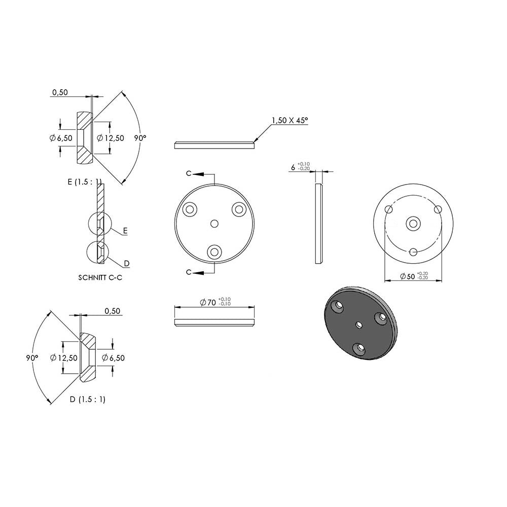 Handlaufhalter zur Wandbefestigung mit verschraubter Ronde 70 x 6mm, mit Kugelring für Rohr ø 33,7mm