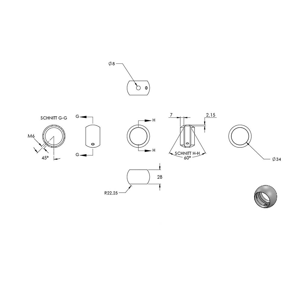 Handlaufhalter zur Wandbefestigung mit verschraubter Ronde 70 x 6mm, mit Kugelring für Rohr ø 33,7mm