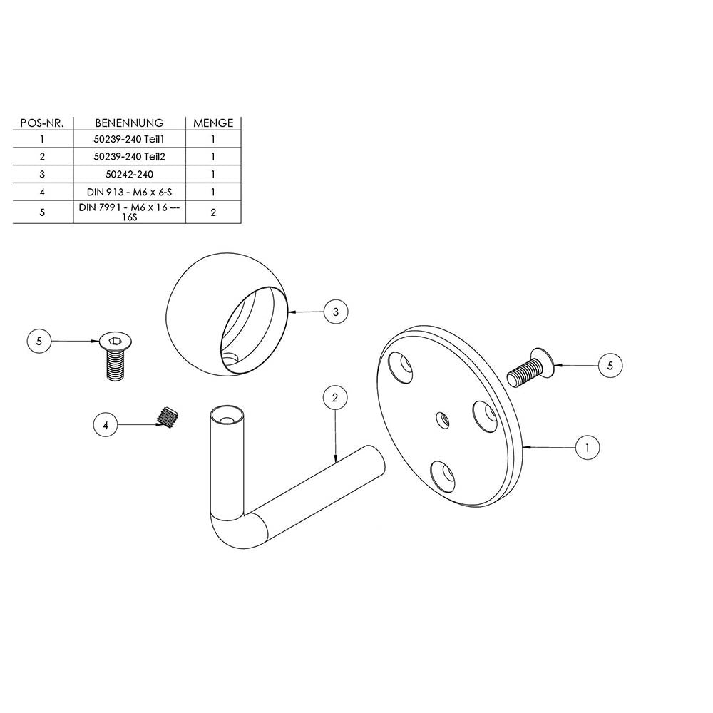 Handlaufhalter zur Wandbefestigung mit verschraubter Ronde 70 x 6mm, mit Kugelring für Rohr ø 33,7mm