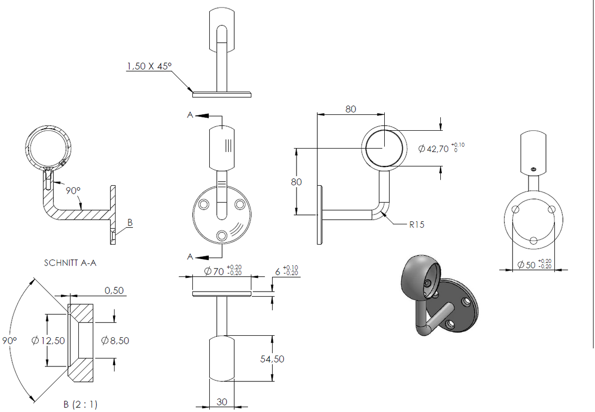 Handlaufhalter zur Wandbefestigung mit verschweißter Ronde 70 x 6mm, mit Kugelring für Rohr ø 42,4mm