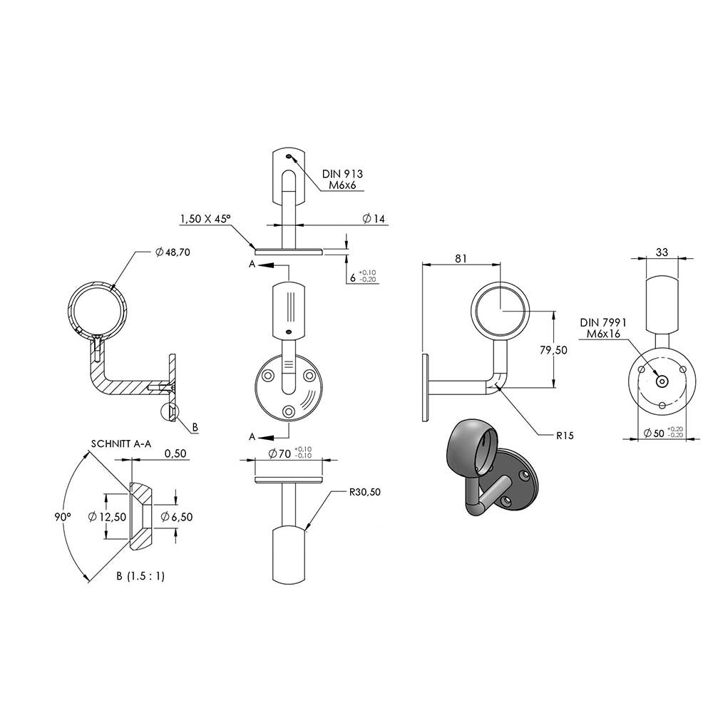 Handlaufhalter zur Wandbefestigung mit verschraubter Ronde 70 x 6mm, mit Kugelring für Rohr ø 48,3mm