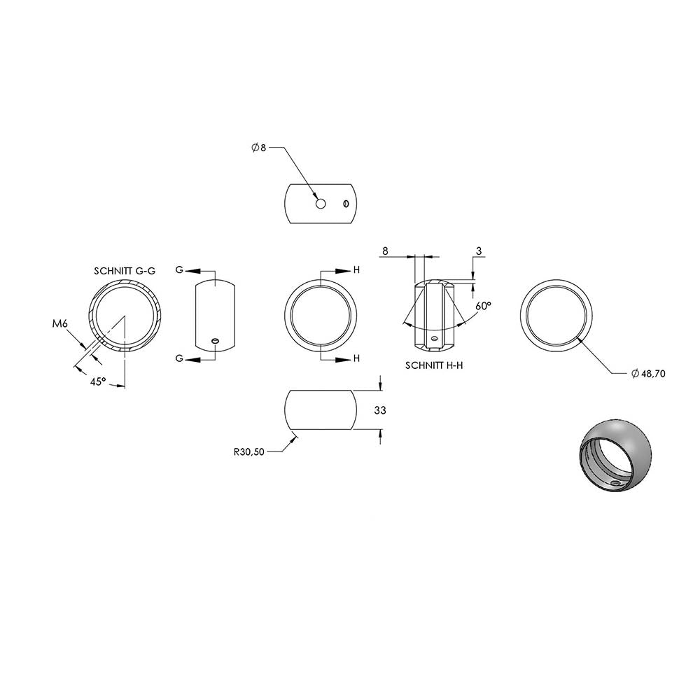 Handlaufhalter zur Wandbefestigung mit verschraubter Ronde 70 x 6mm, mit Kugelring für Rohr ø 48,3mm