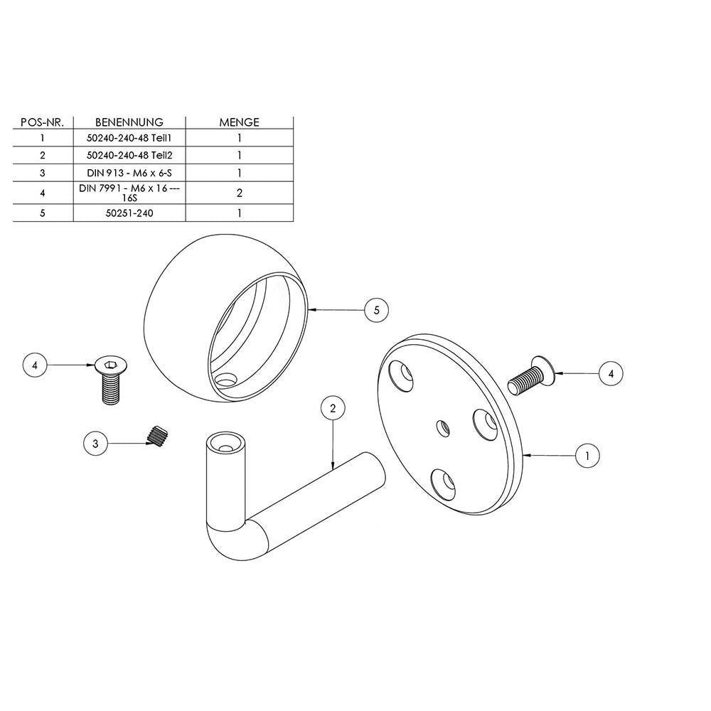 Handlaufhalter zur Wandbefestigung mit verschraubter Ronde 70 x 6mm, mit Kugelring für Rohr ø 48,3mm