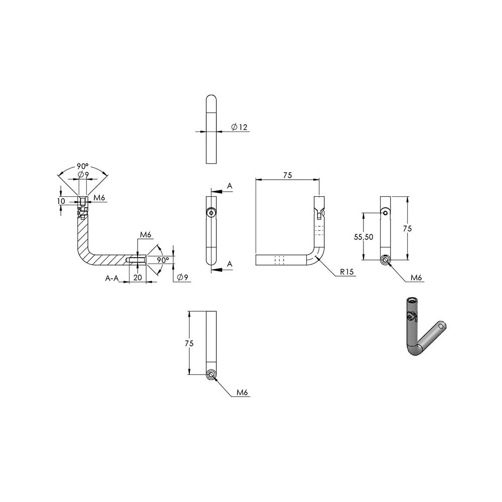 ø 12mm Bügel mit Gelenk, mit M6 x 20mm Innengewinde unten und M6 x 10mm Innengewinde oben