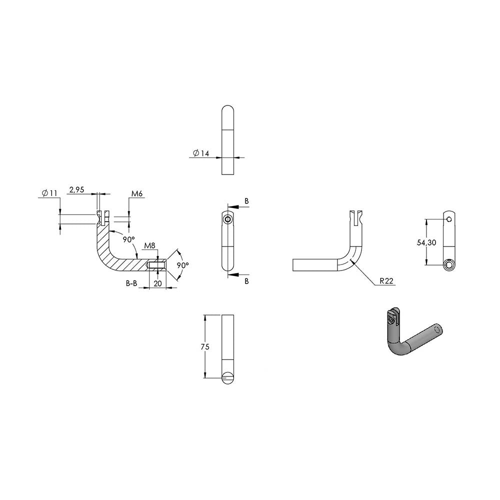 ø 14mm Bügel mit Gelenk, mit M8 x 20mm Innengewinde unten und M6 x 10mm Innengewinde oben