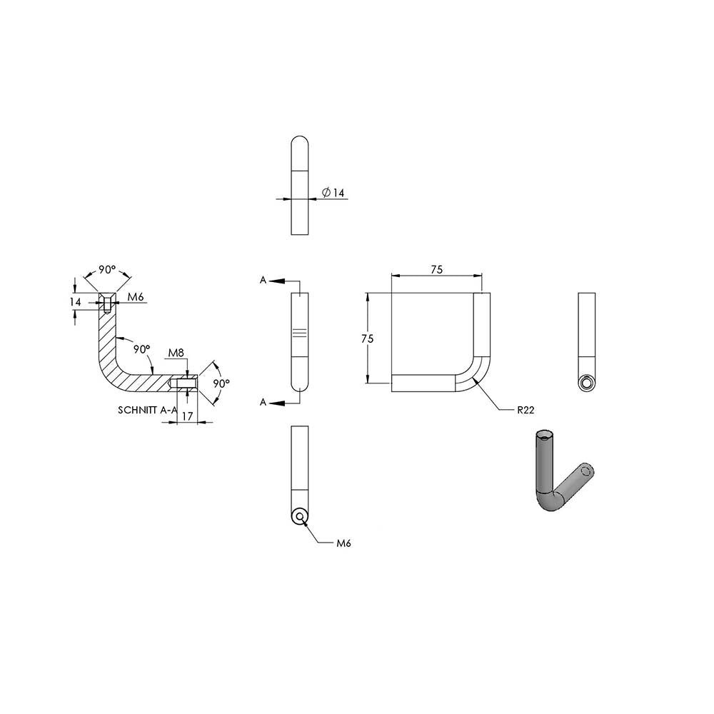 ø 14mm Bügel, mit M8 x 20mm Innengewinde unten und M6 x 15mm Innengewinde oben