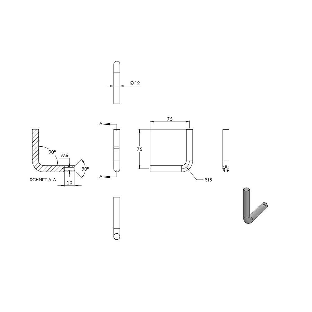 ø 12mm Bügel, mit M6 x 20mm Innengewinde unten und zum Anschweißen oben