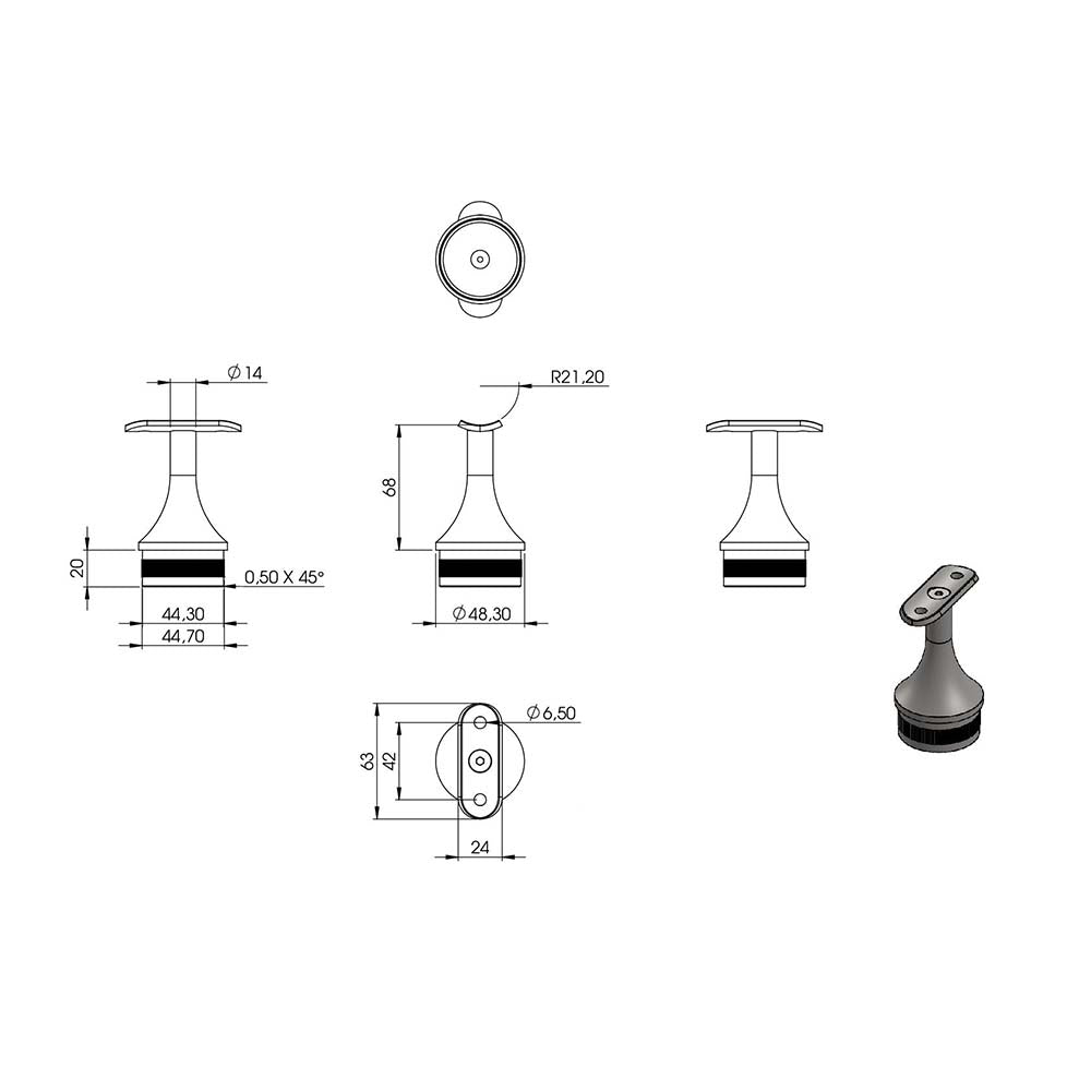 Handlaufstütze zum Einschlagen für ø 48,3 x 2,0mm Pfosten, mit Halteplatte für Handlauf ø 42,4mm