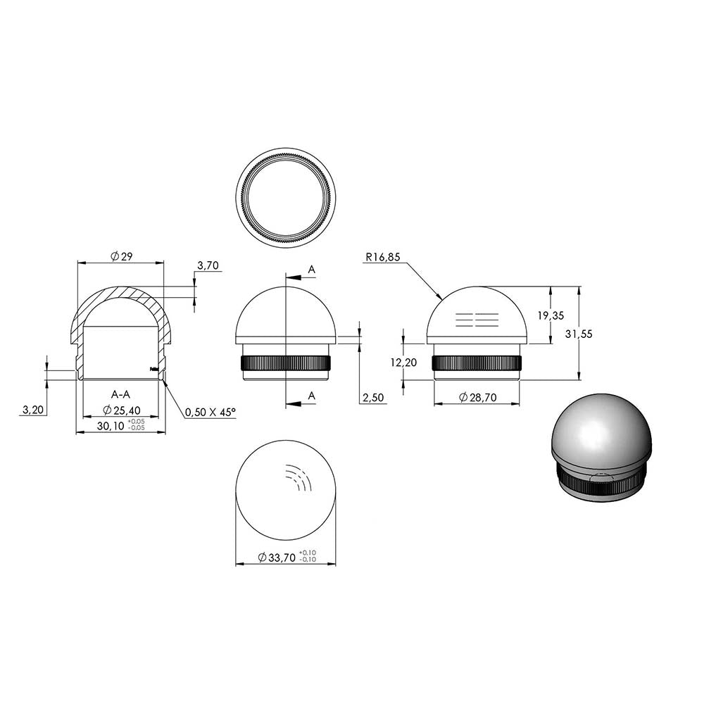 Endkappe halbrund, hohl, für Rohr ø 33,7 x 2,0mm, zum Einschlagen