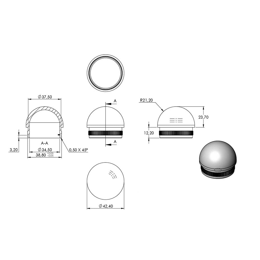 Endkappe halbrund, hohl, für Rohr ø 42,4 x 2,0mm, zum Einschlagen