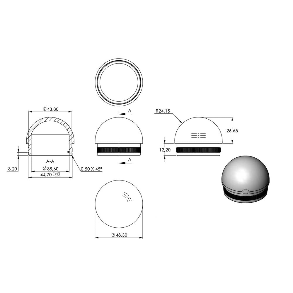 Endkappe halbrund, hohl, für Rohr ø 48,3 x 2,0mm, zum Einschlagen