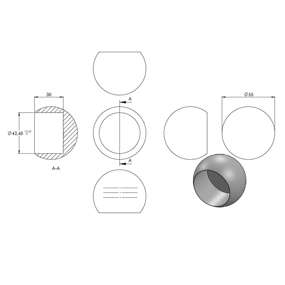 Rohrabschluss-Kugel ø 55mm, massiv, für Rohr ø 42,4mm
