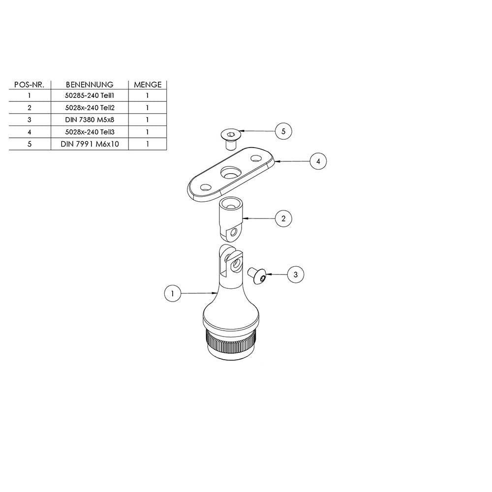 Handlaufstütze mit Gelenk zum Einschlagen für ø 33,7 x 2,0mm Pfosten, mit Halteplatte für Handlauf ø 42,4mm