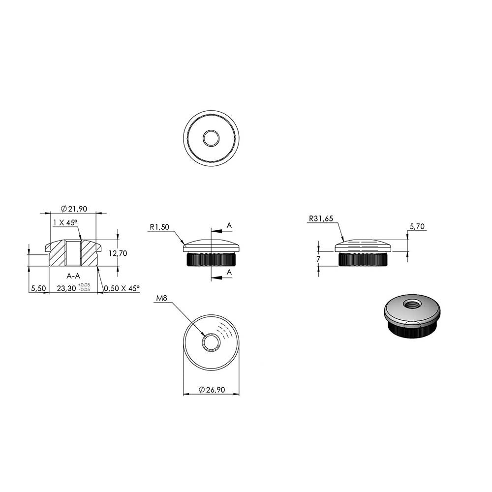 Endkappe leicht gewölbt mit M8 Innengewinde, massiv, für Rohr ø 26,9 x 2,0mm, zum Einschlagen