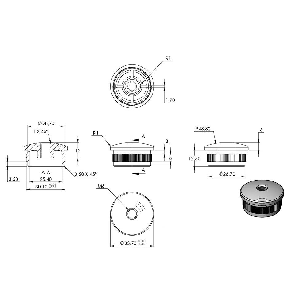 Endkappe leicht gewölbt mit M8 Innengewinde, hohl, für Rohr ø 33,7 x 2,0mm, zum Einschlagen, in V4A